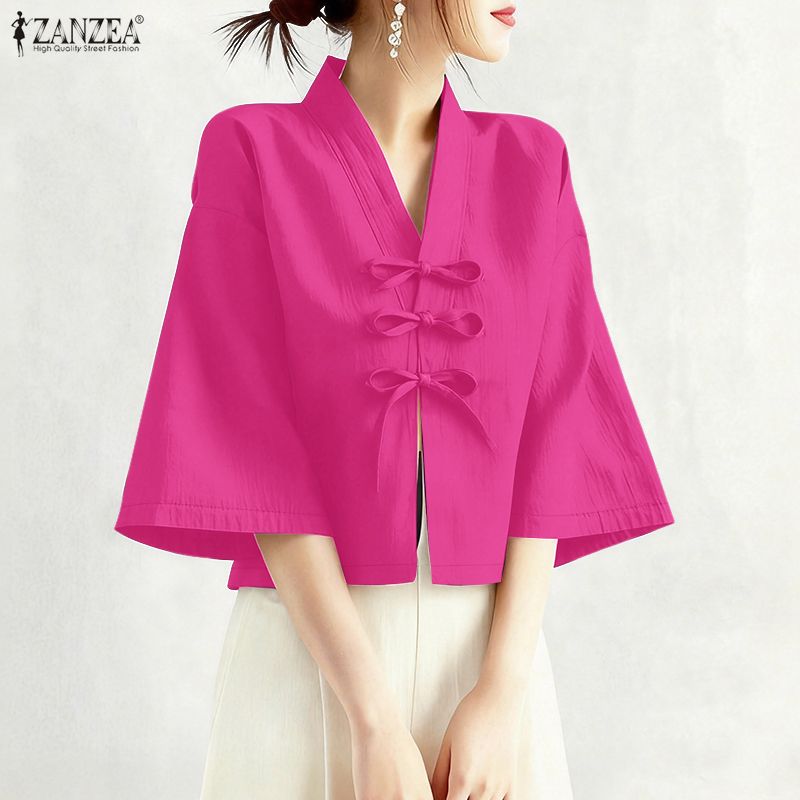 Tie Front Shirt - 여성용 빈티지 V 넥 셔츠 3/4