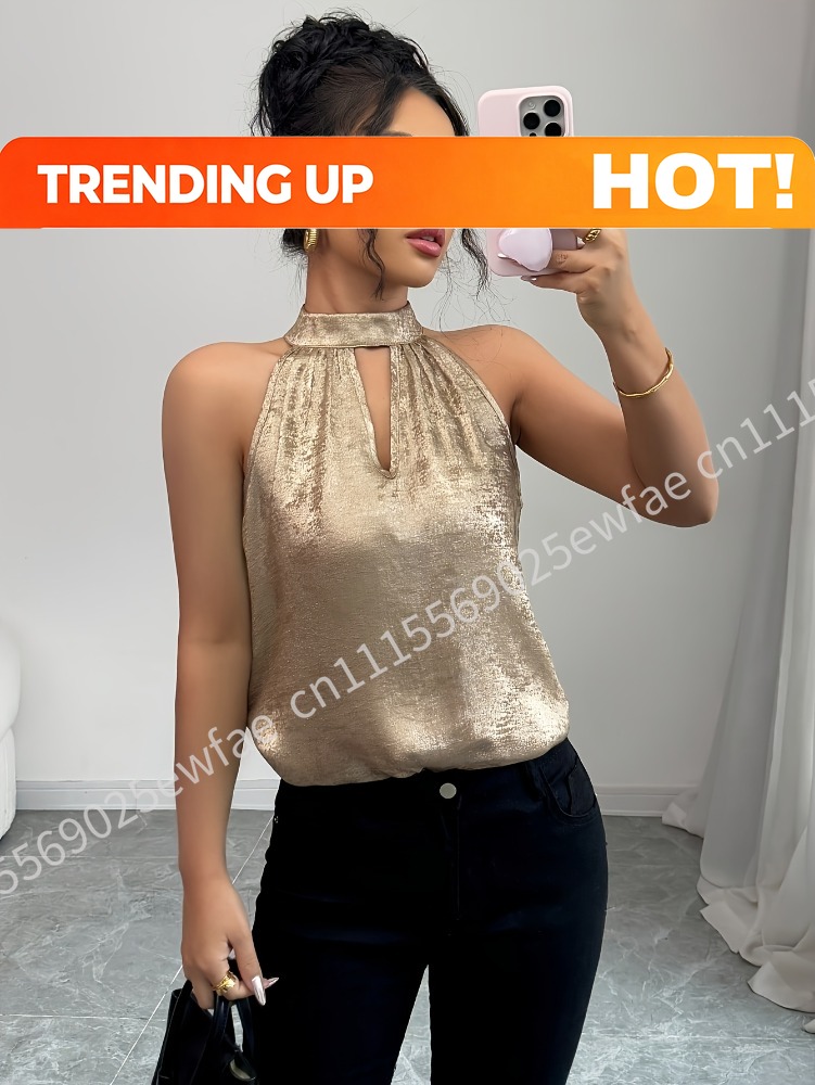 Halter Neck Top - 샴페인 골드 샤이니 글로시 홀터넥 오프숄더