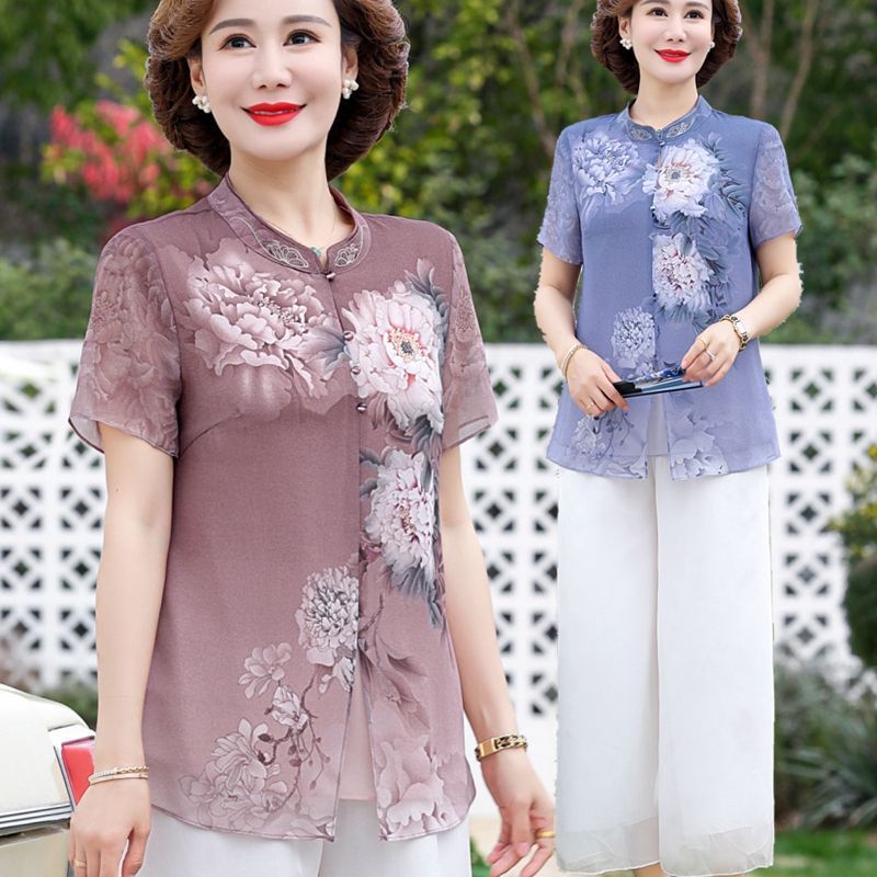 Summer Clothing For 60 Year Old Woman - 중년 여성을 위한 우아한 시폰 셔츠