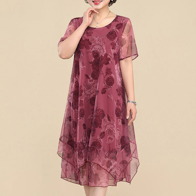 새로운 오-넥 짧은 소매 드레스 빈티지 꽃 인쇄 여름  - Summer Clothing For 60 Year Old Woman 리뷰 및 가격
