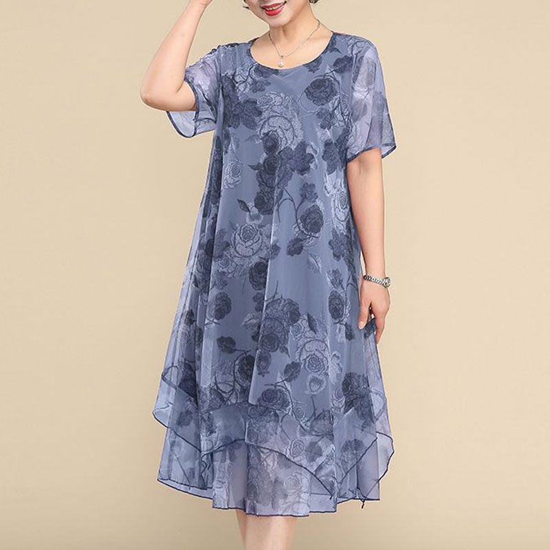 새로운 오-넥 짧은 소매 드레스 빈티지 꽃 인쇄 여름  - Summer Clothing For 60 Year Old Woman 리뷰 및 가격