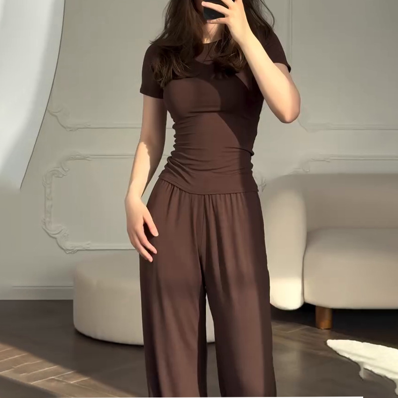 캐주얼 긴 바지 정장 여성 오-넥 반팔 티셔츠 탄성 허 - Summer House Clothing 리뷰 및 가격