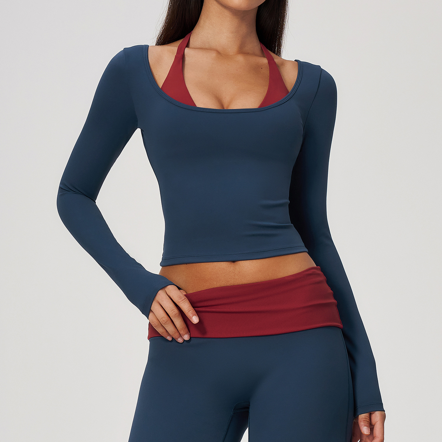 2-in-1 페이크 투피스 홀터 요가탑 긴팔 슬림핏 크 - Halter Neck Top 리뷰 및 가격