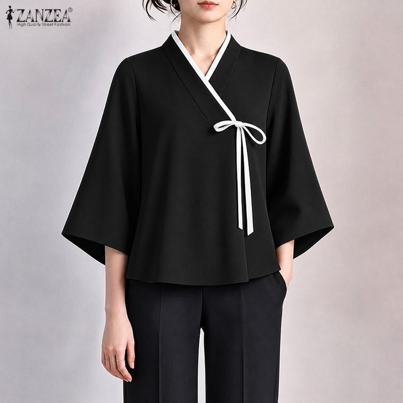 ZANZEA 여성 중국 스타일 V 넥 랩 블라우스 우아 - Tie Front Shirt 리뷰 및 가격