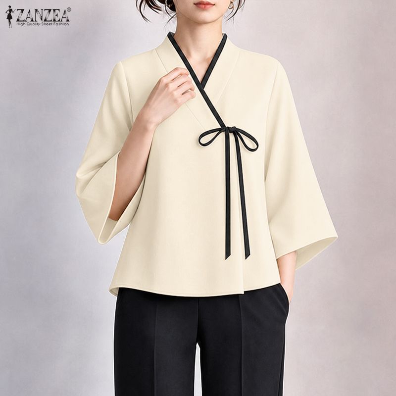 ZANZEA 여성 중국 스타일 V 넥 랩 블라우스 우아 - Tie Front Shirt 리뷰 및 가격