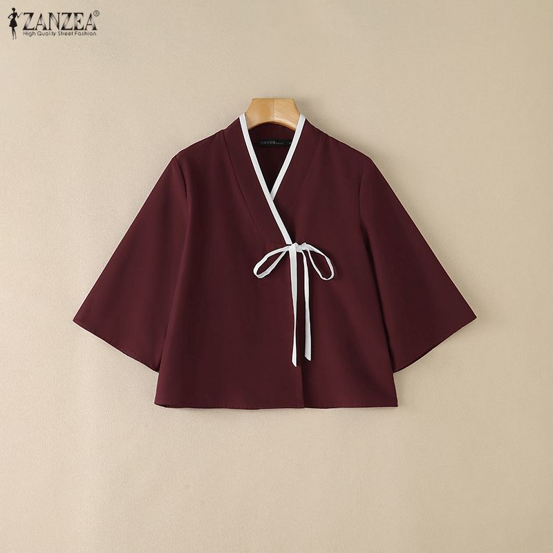 ZANZEA 여성 중국 스타일 V 넥 랩 블라우스 우아 - Tie Front Shirt 리뷰 및 가격