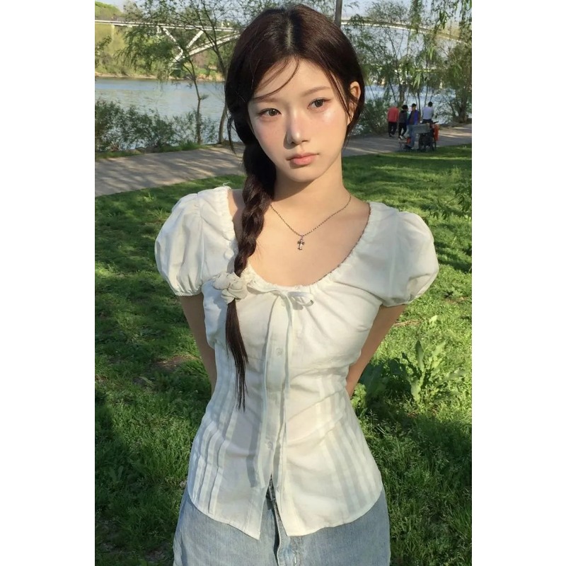 여성용 블랙 퍼프 슬리브 블라우스 V 넥 타이 프론트  - Tie Front Shirt 리뷰 및 가격